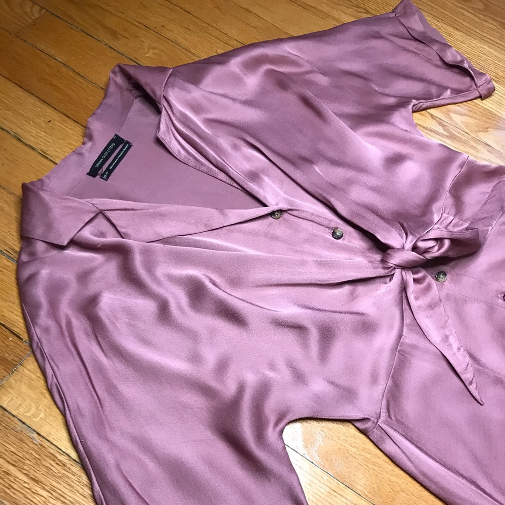 UO Pale Pink Silky Casual Tie Front Dress
